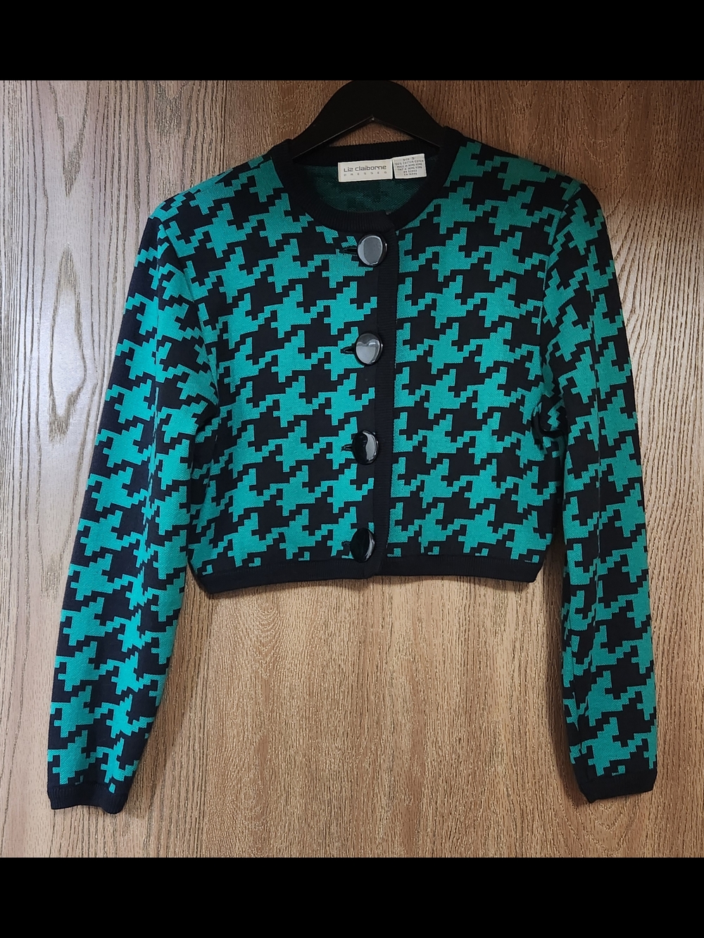 Liz Claiborne Green and Black Houndstooth Cropped Cardigan Sweater